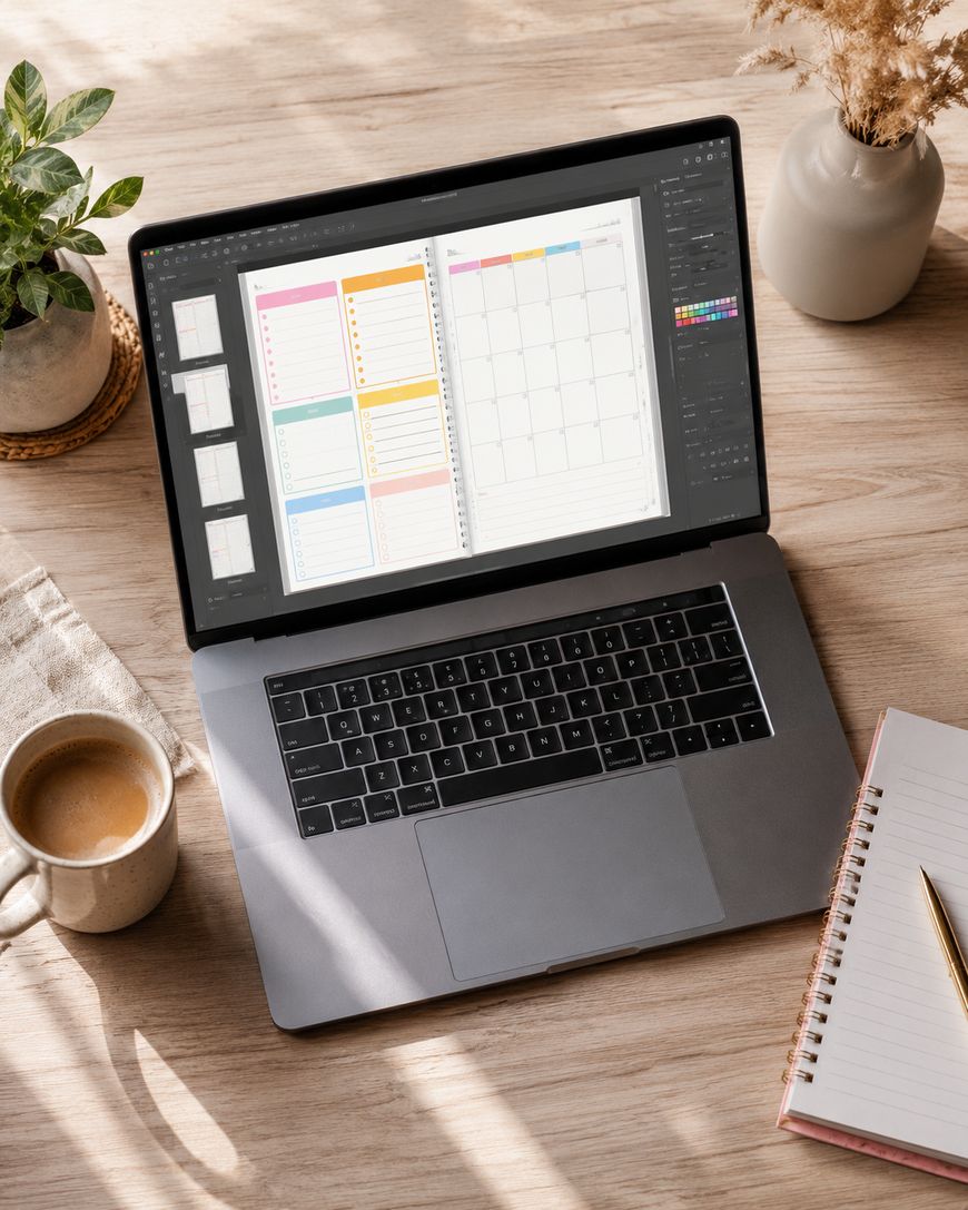 Laptop showing a colorful digital planner spread for an Etsy printable shop