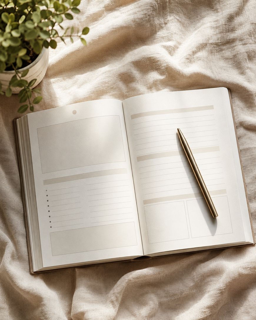 Blank printable journal open on a cozy linen background