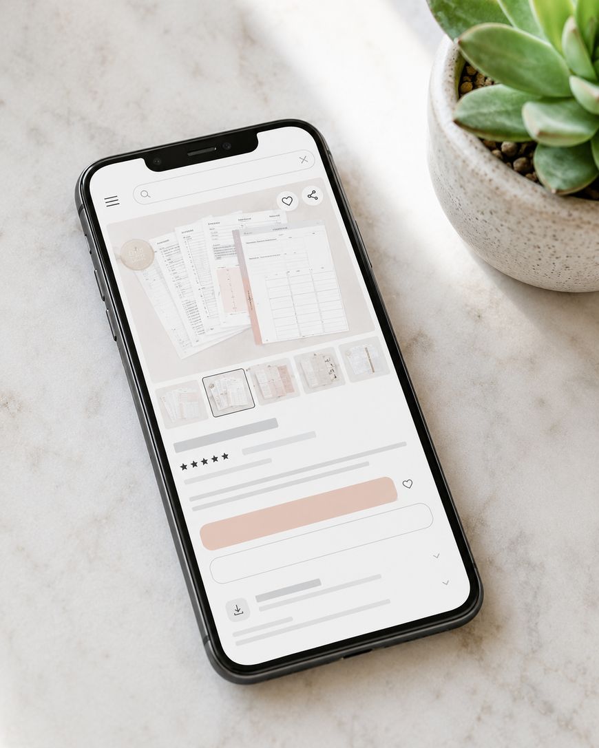 Phone screen showing an Etsy digital product listing page