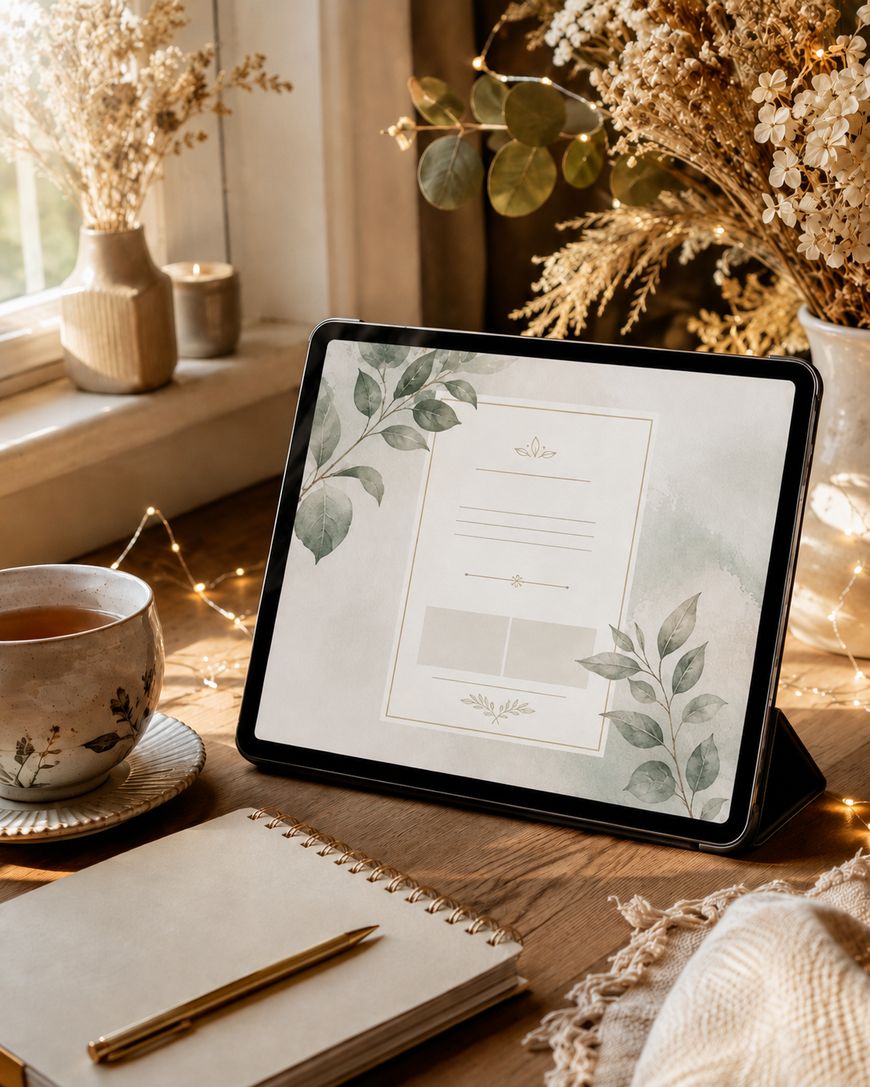 Tablet displaying an elegant floral wedding invitation template