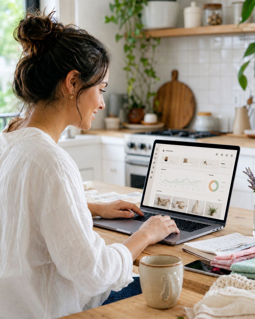 Woman reviewing an Etsy shop analytics dashboard on her laptop