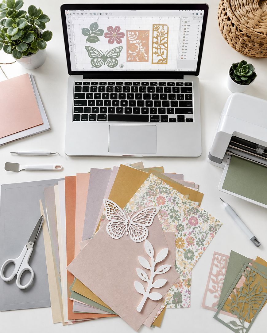 Laptop with SVG cut files open next to craft paper and a cutting machine