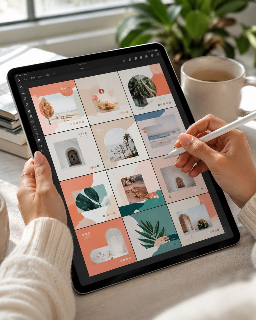 Tablet showing a grid of aesthetic social media templates
