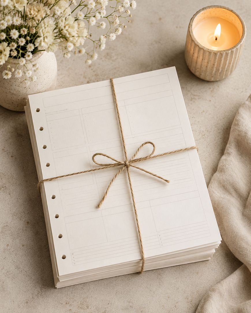 Stack of printable planner worksheets tied with twine next to a candle