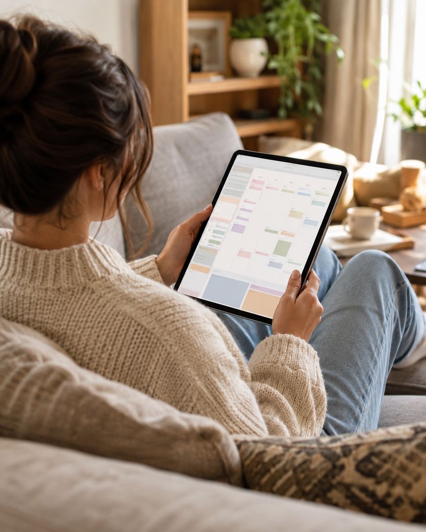 A woman sitting with a tablet showing a checklist, a coffee cup on the table behind her.