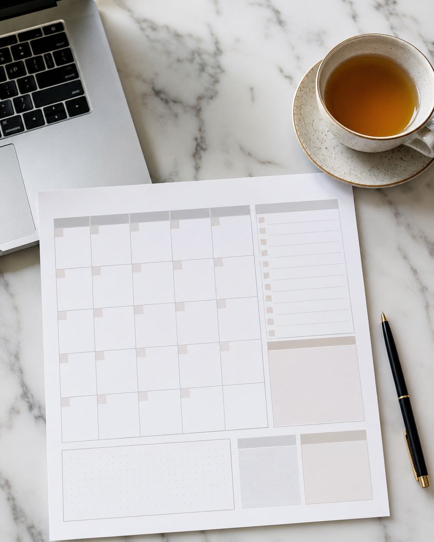 Blank monthly planner pages laid out on a marble surface with a pen.