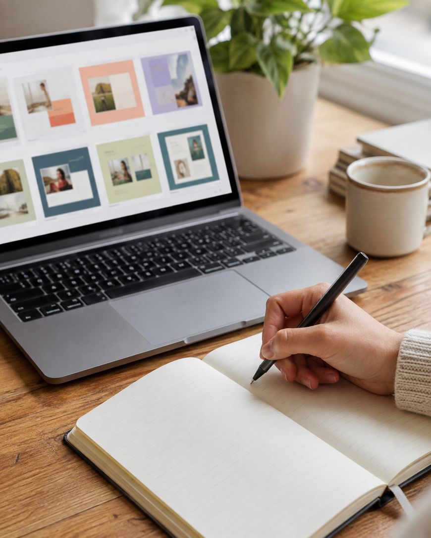 Hands using a stylus on a laptop trackpad at a wooden desk with a coffee cup.
