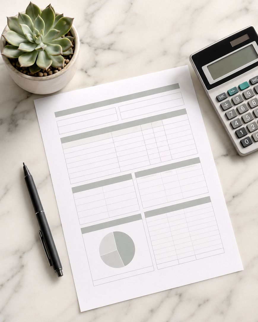 A blank printed schedule sheet on a marble surface beside a pen and a calculator.