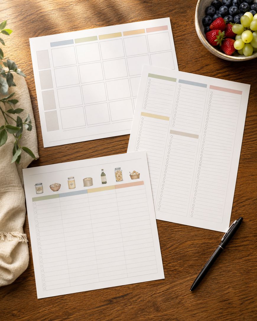 A framed botanical print and printed planner sheets arranged on a desk.
