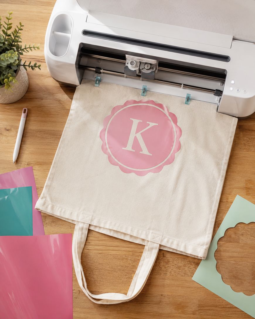 A cutting machine prints a pink circle with a white K on a beige tote bag. Craft tools, coloured vinyl sheets, and a potted plant are nearby on a wooden table.