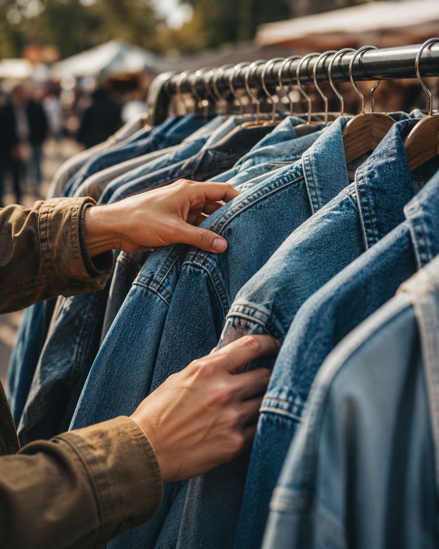 A person browses through a rail of blue denim jackets at an outdoor market, touching one of the jackets with both hands.
