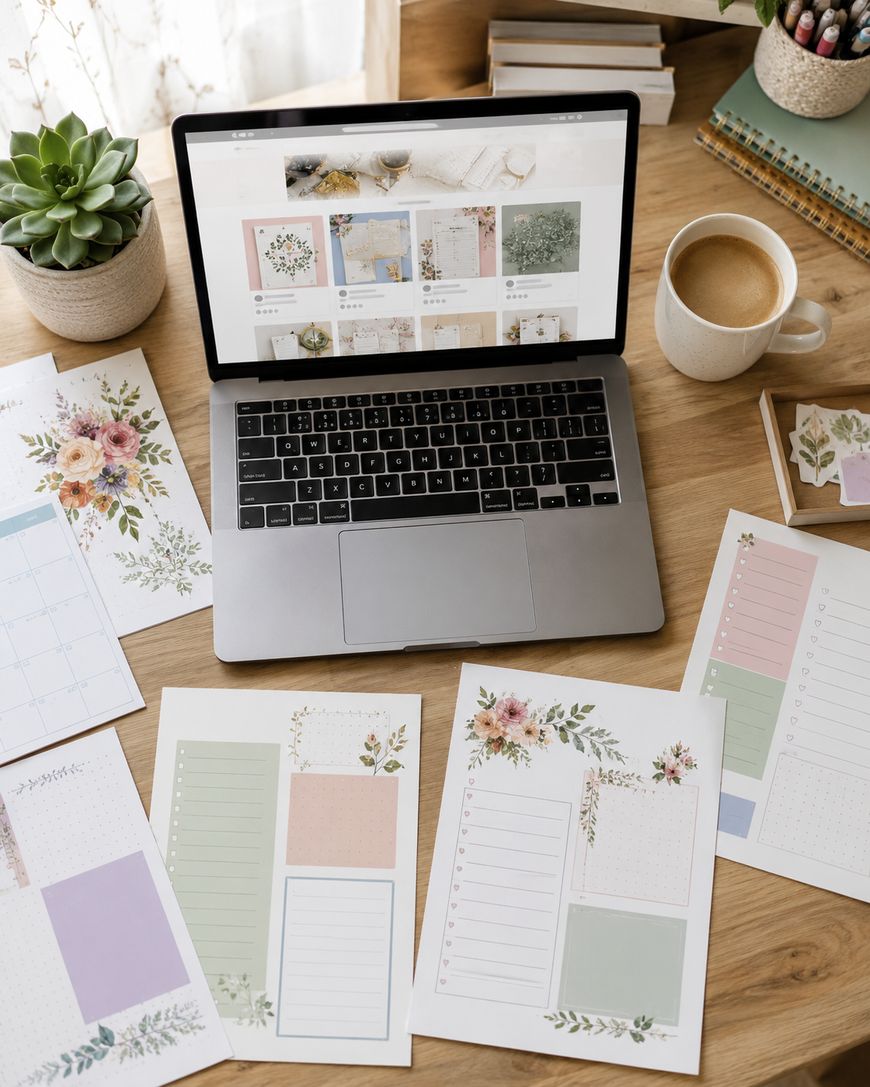 A laptop on a wooden desk displays floral stationery designs. Surrounding it are printed diary pages with floral patterns, a cup of coffee, notebooks, a pen, sticky notes, and a potted succulent plant.