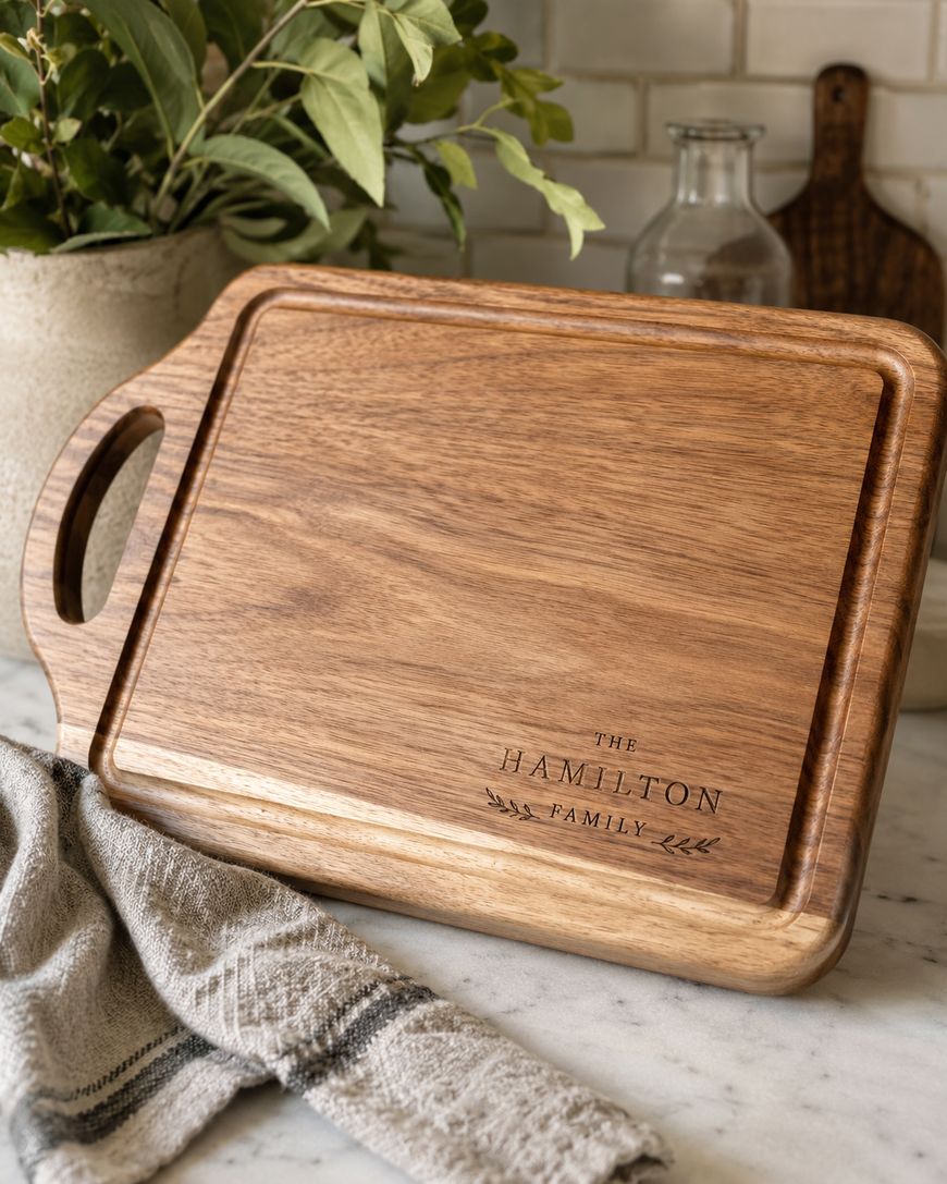 A wooden chopping board engraved with The Hamilton Family sits on a marble worktop near a grey towel, a potted plant, and glassware in a kitchen setting.