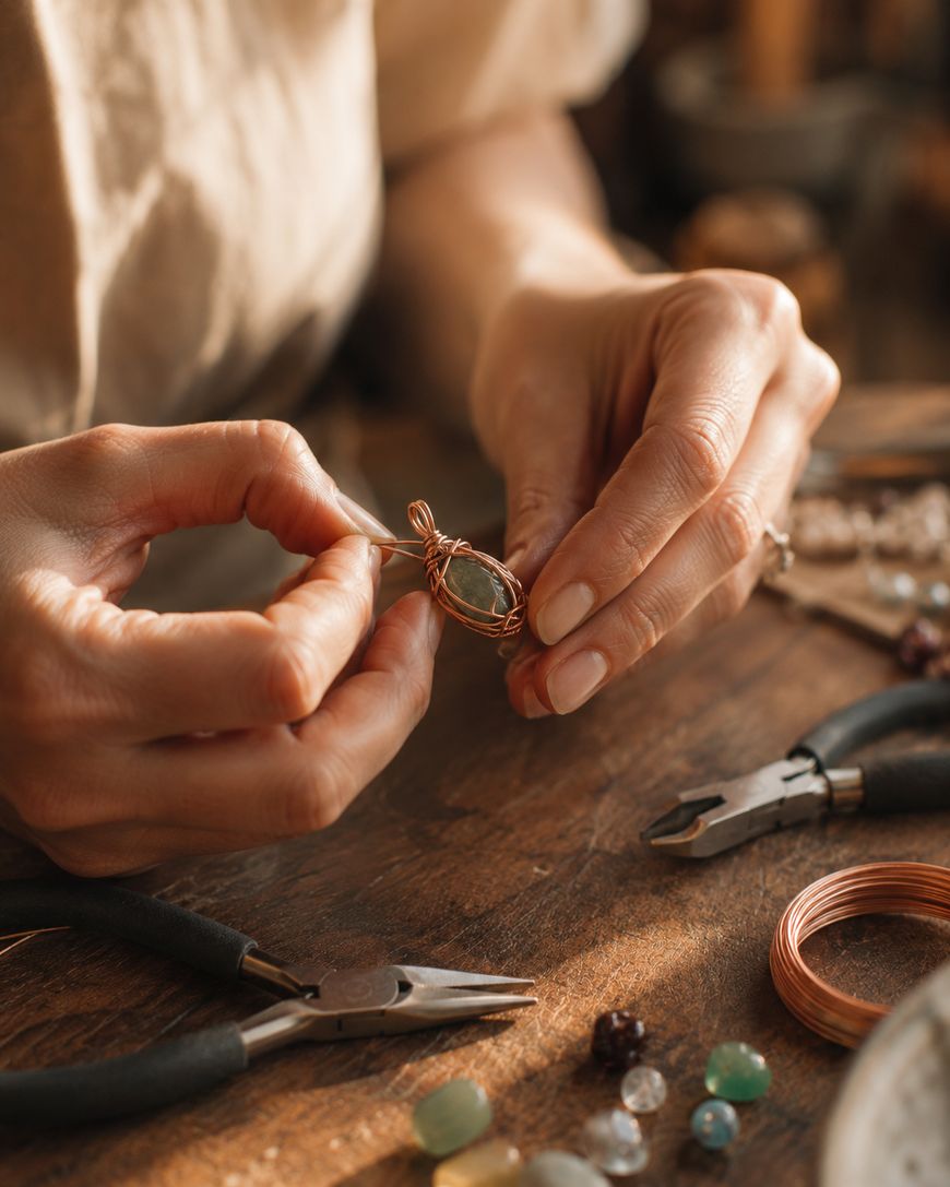 Hands crafting a wire-wrapped gemstone pendant at a wooden table, surrounded by jewellery-making tools, pliers, copper wire, and assorted beads. Warm lighting highlights the detailed, careful work.