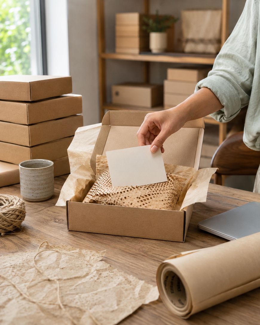 A person places a blank card into an open cardboard gift box with shredded paper on a wooden table, surrounded by packaging materials and stacked boxes.
