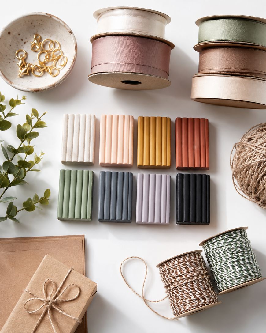 A flat lay of craft supplies: ribbon reels, clay blocks in various colours, twine, a small dish with metal rings, greenery, and a brown paper-wrapped present tied with string.