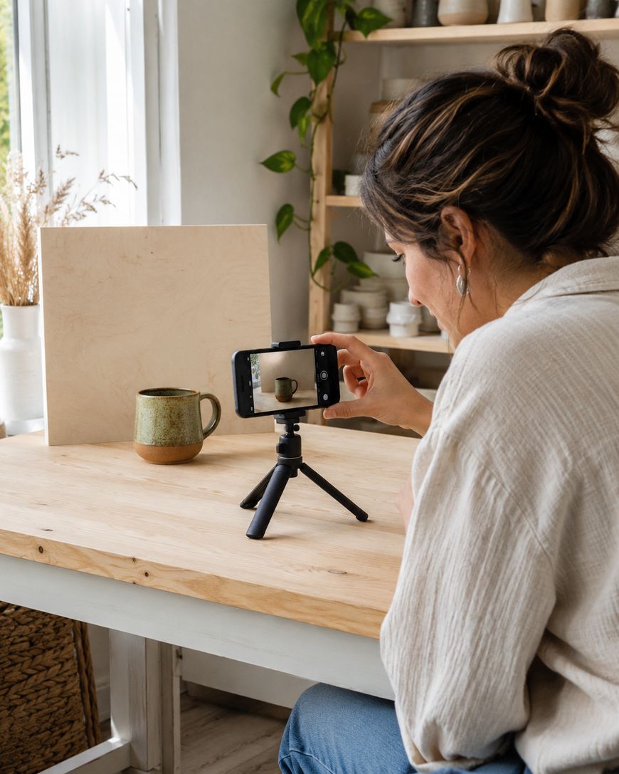 A woman takes a photo of a ceramic mug with her mobile phone on a tripod. The mug is on a wooden table near a window, with pottery and plants in the background.