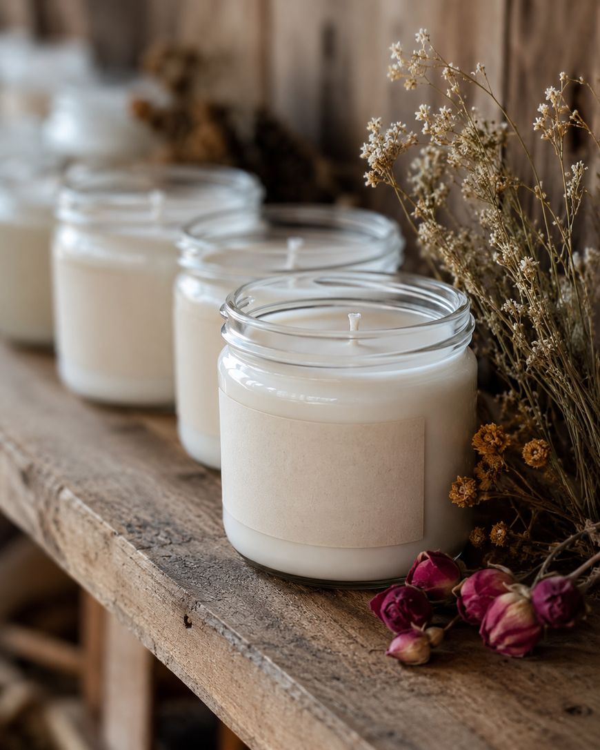 Three white candles in glass jars sit on a rustic wooden shelf, surrounded by dried flowers, including small white blossoms and pink roses. The background is blurred wood.