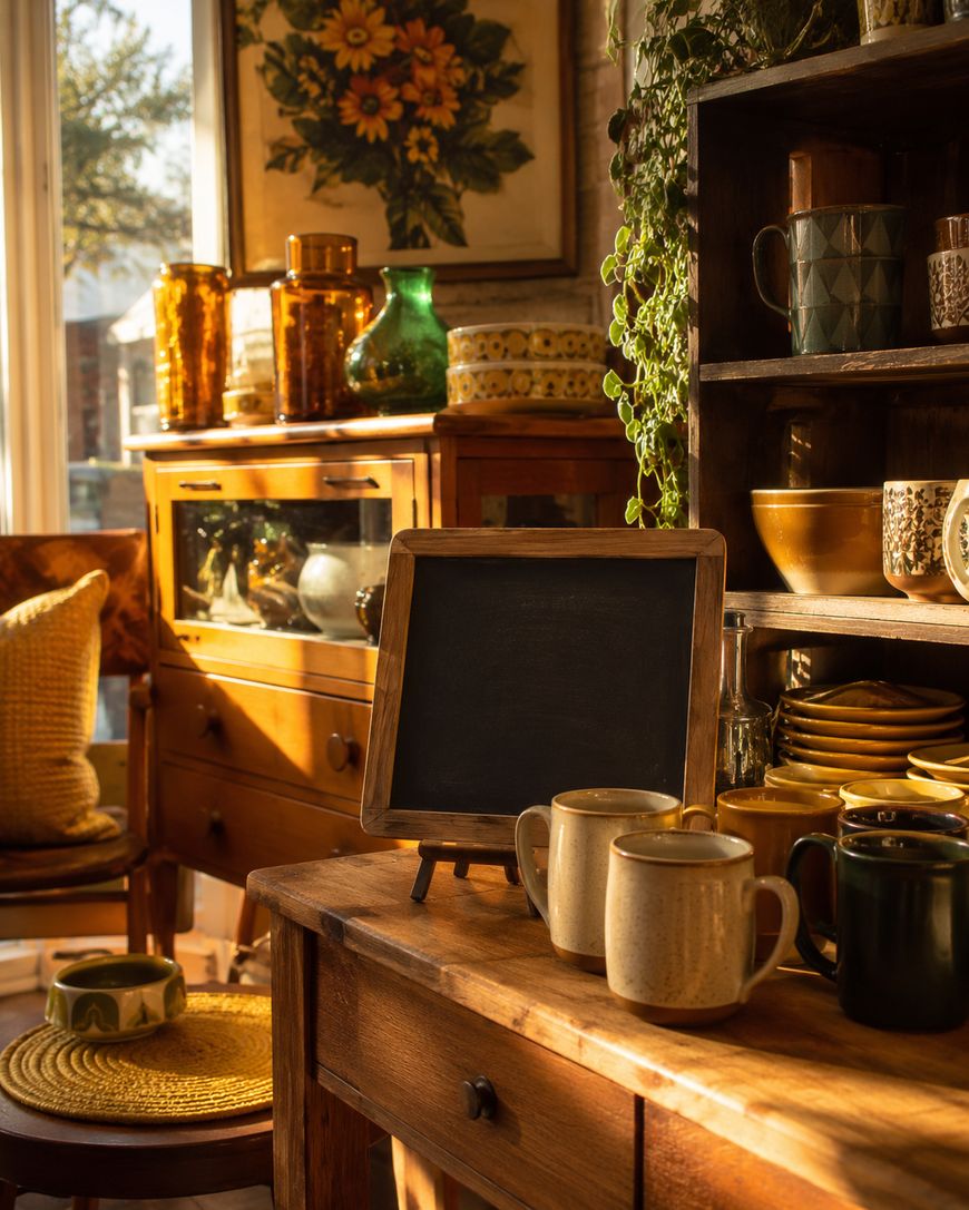 Sunlit kitchen with vintage decor, wooden furniture, ceramic mugs, plates, and jars. A blank chalkboard sits on a worktop. Sunflowers artwork and houseplants add warmth to the cosy, rustic space.