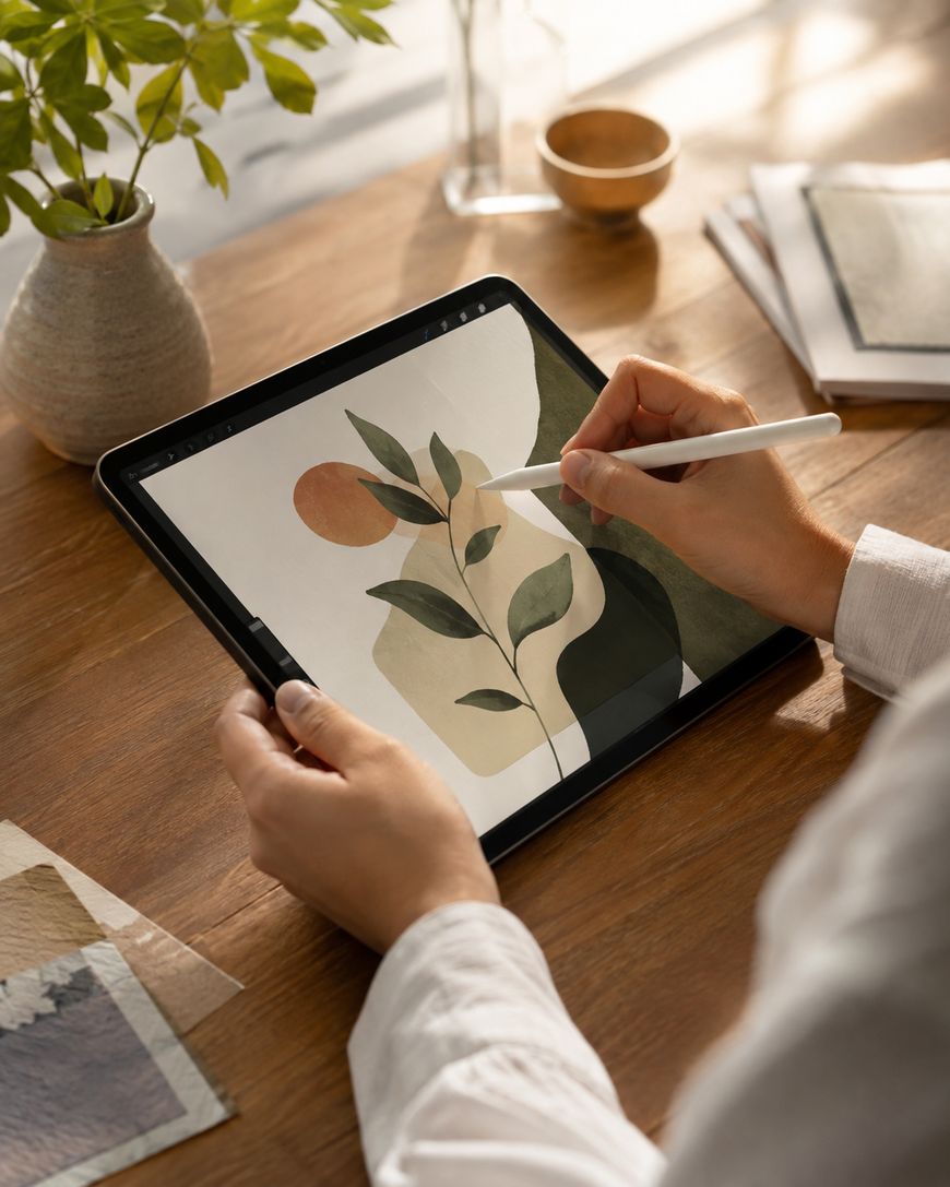 A person uses a stylus to draw abstract plant art on a tablet at a wooden table, with a vase, cup, papers, and sunlight in the background.