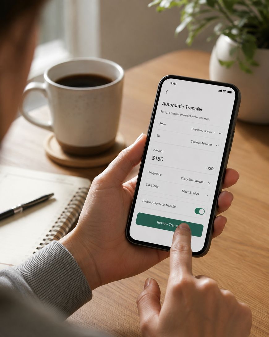 A hand holding a phone showing a budgeting app with a list of expense amounts, on a desk beside a coffee cup.