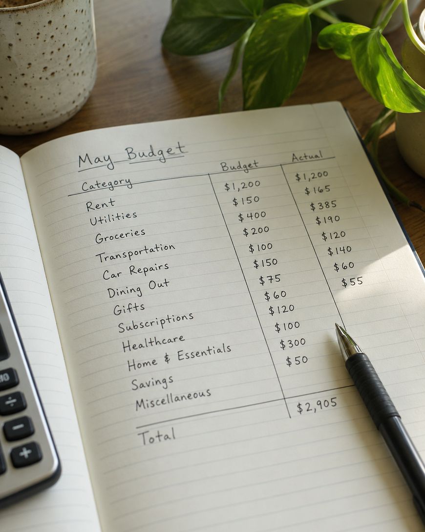 An open notebook with a handwritten monthly budget listing rent, utilities, groceries, transportation and subscriptions.