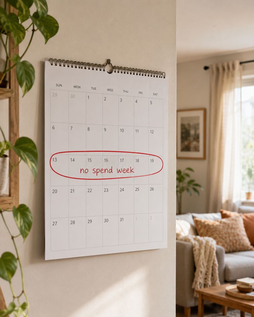 A wall calendar with the words no spend week circled in red pen across one week.