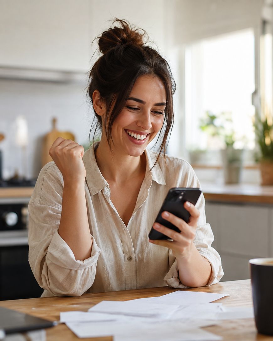 A smiling woman holding her phone with one fist raised in celebration.