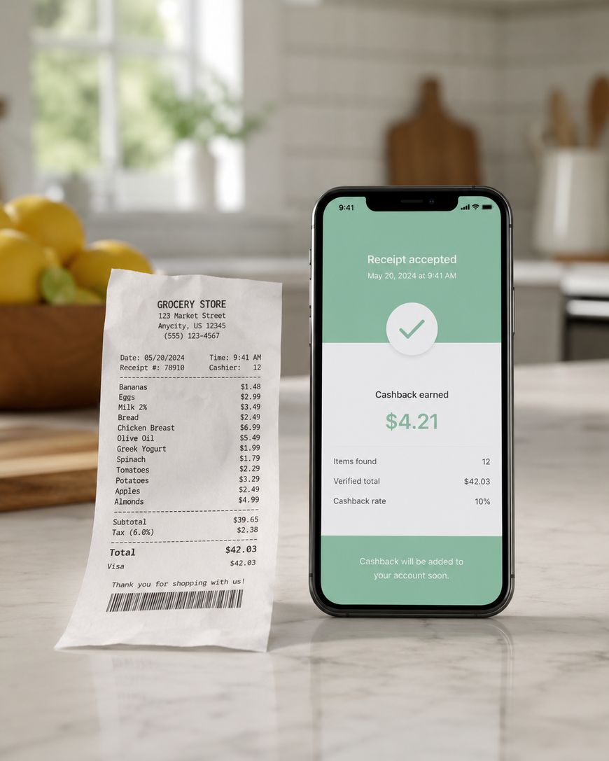 A grocery store receipt on a table beside a phone showing cashback earned on the purchase.