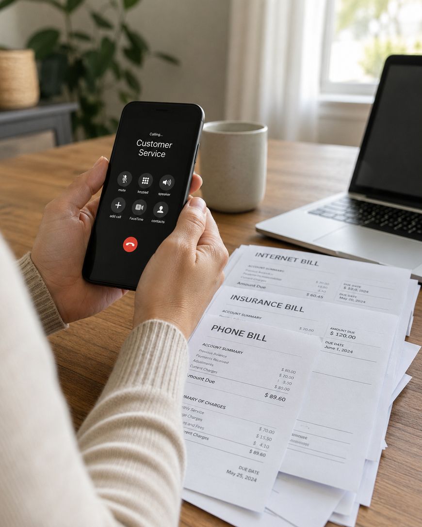 A hand ending a call on a phone, with internet, insurance and phone bills spread across the desk beside a laptop.