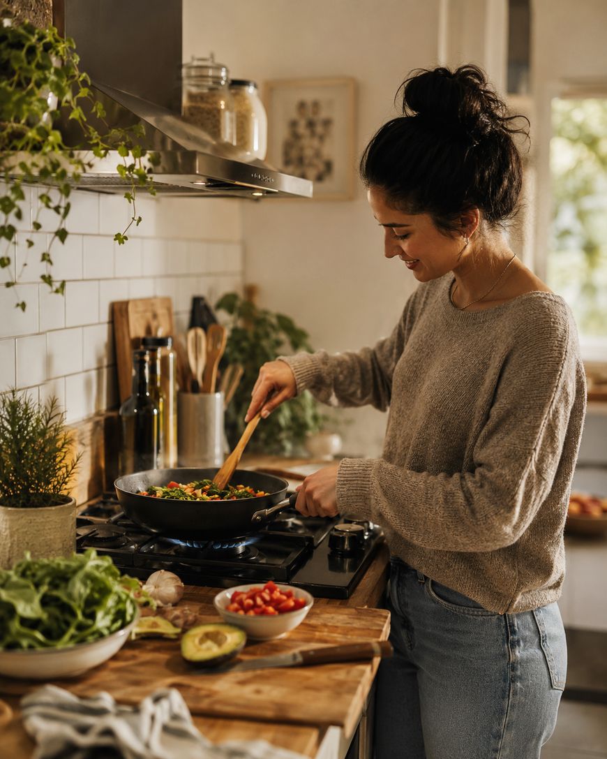 A woman stirring a pan at a kitchen stove, with utensils in a crock and herbs on the counter.