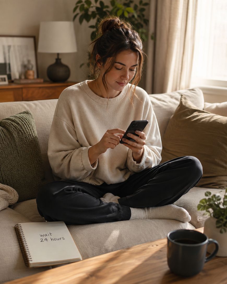 A woman sitting on a sofa checking her phone, wrapped in a cream knit sweater.