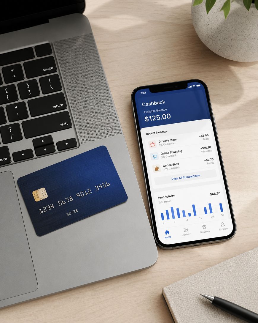 A bank card lying next to an open laptop showing an account page.