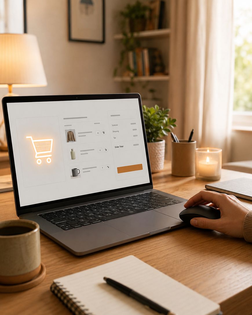 A laptop on a desk showing an online shopping cart, beside a lit candle and a small plant.