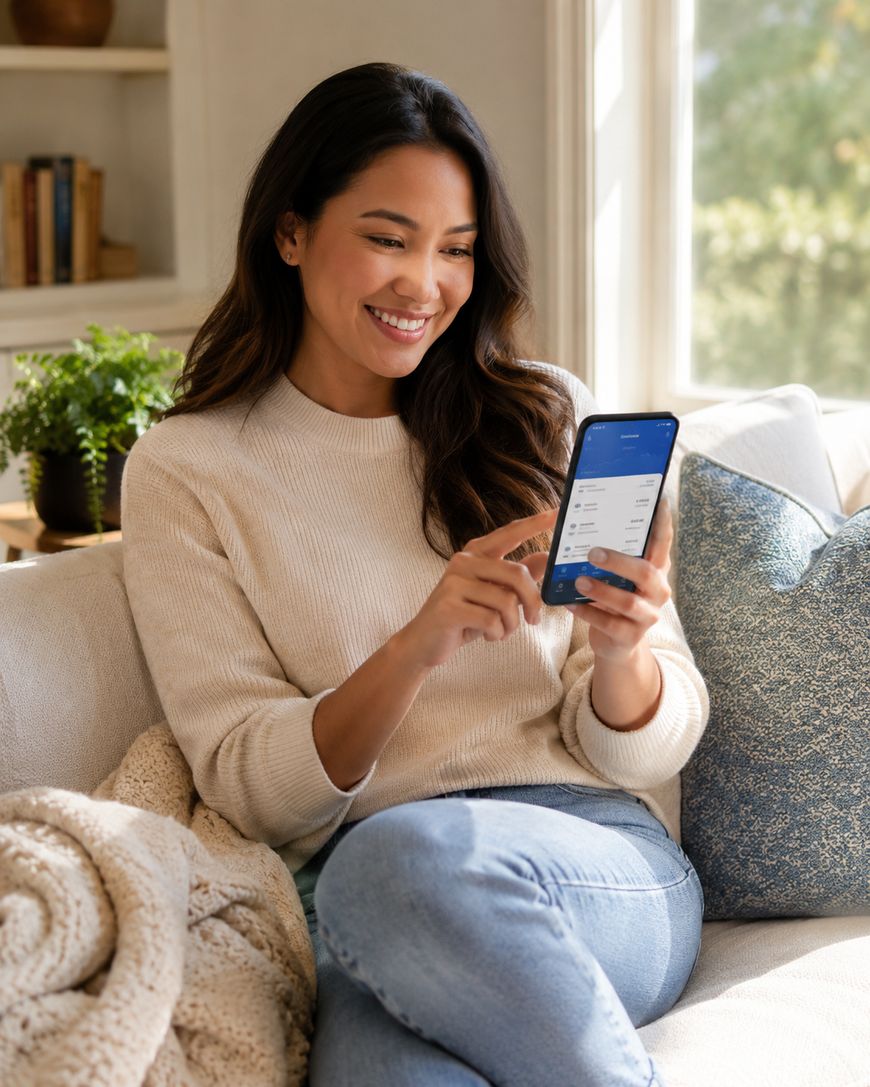 A woman sits on a sofa smiling while using a mobile phone, wearing a cream jumper and jeans. She appears relaxed, with one knee up and a cosy blanket beside her. The room is softly lit with plants and shelves in the background.