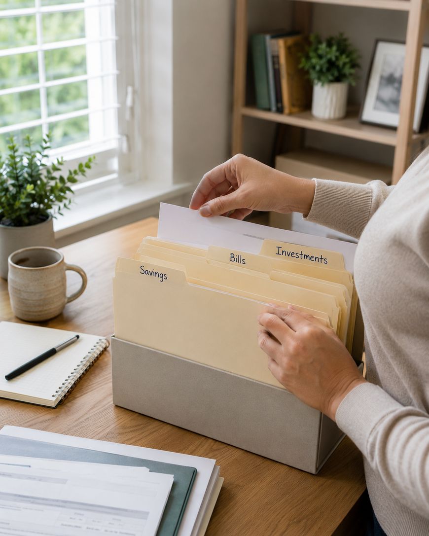 A person stands at a desk organising labelled folders—Savings, Bills, Investments—inside a box. Nearby are papers, a notebook, a pen, a coffee mug, and bookshelves. Sunlight enters through a window with blinds.