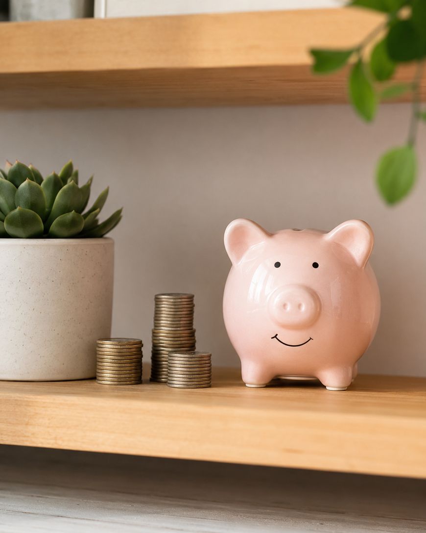 A pink piggy bank sits on a wooden shelf next to a potted succulent and three stacks of coins.