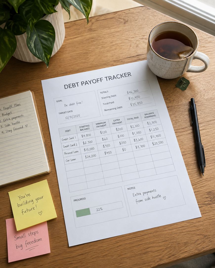 A debt payoff tracker sheet on a desk with a cup of tea, a pen, a plant, and motivational sticky notes. The tracker lists various loan types, amounts, repayments, and a progress bar indicating 22% completion.