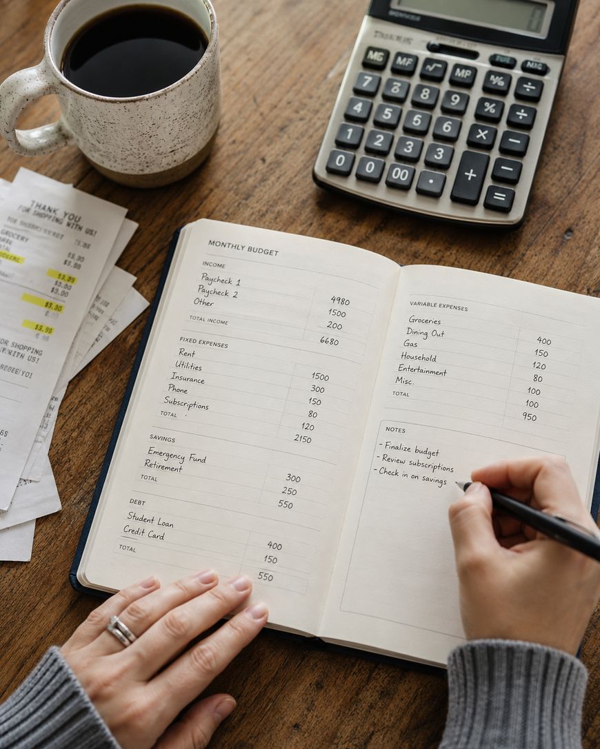 A person writes in a budget planner at a wooden table with a cup of coffee, calculator, receipts, and a pen. The planner lists income, expenses, and a notes section.