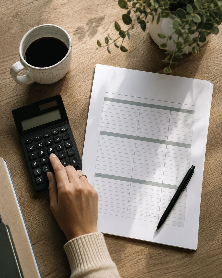 A person uses a calculator next to a blank financial form, a pen, a cup of coffee, and a potted plant on a wooden desk.