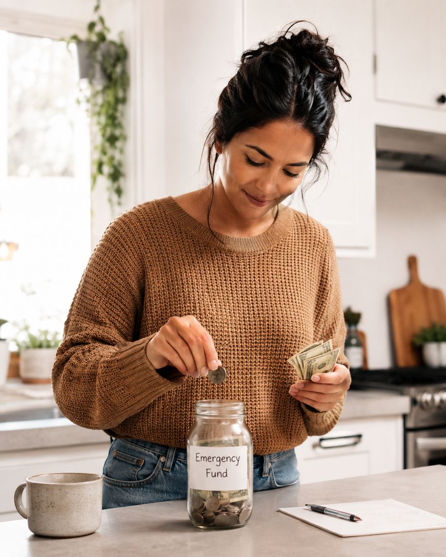 A woman in a brown jumper puts coins into a glass jar labelled Emergency Fund. She holds notes in her other hand and stands in a bright kitchen. A mug and a notepad are on the worktop.