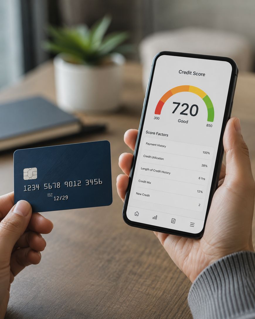 A person holds a credit card in one hand and a mobile phone in the other, displaying a credit score of 720 labelled Good. A laptop and notebook are blurred in the background on a wooden table.