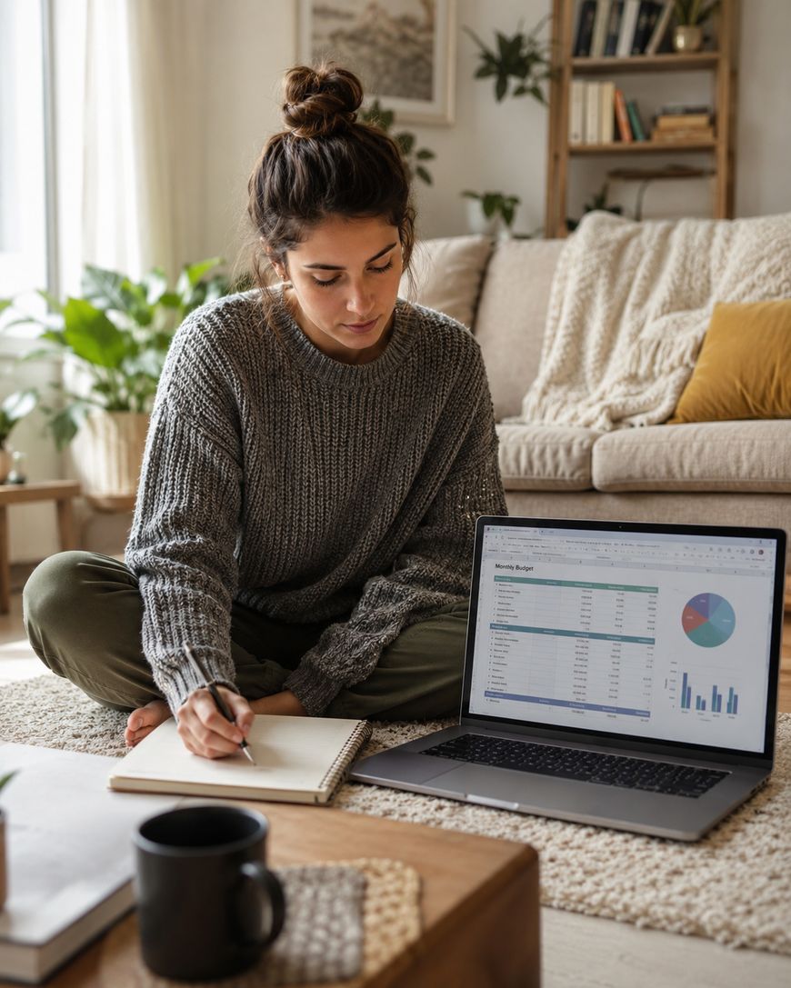 A woman sits on the floor at home, writing in a notebook with a laptop displaying a budget spreadsheet and charts. A mug of coffee and notebook are on the table nearby.