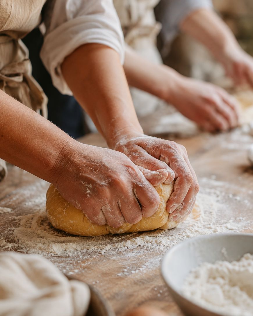 Two people knead bread dough by hand on a floured wooden table, with a bowl of flour nearby, in a hands-on cooking class setting.