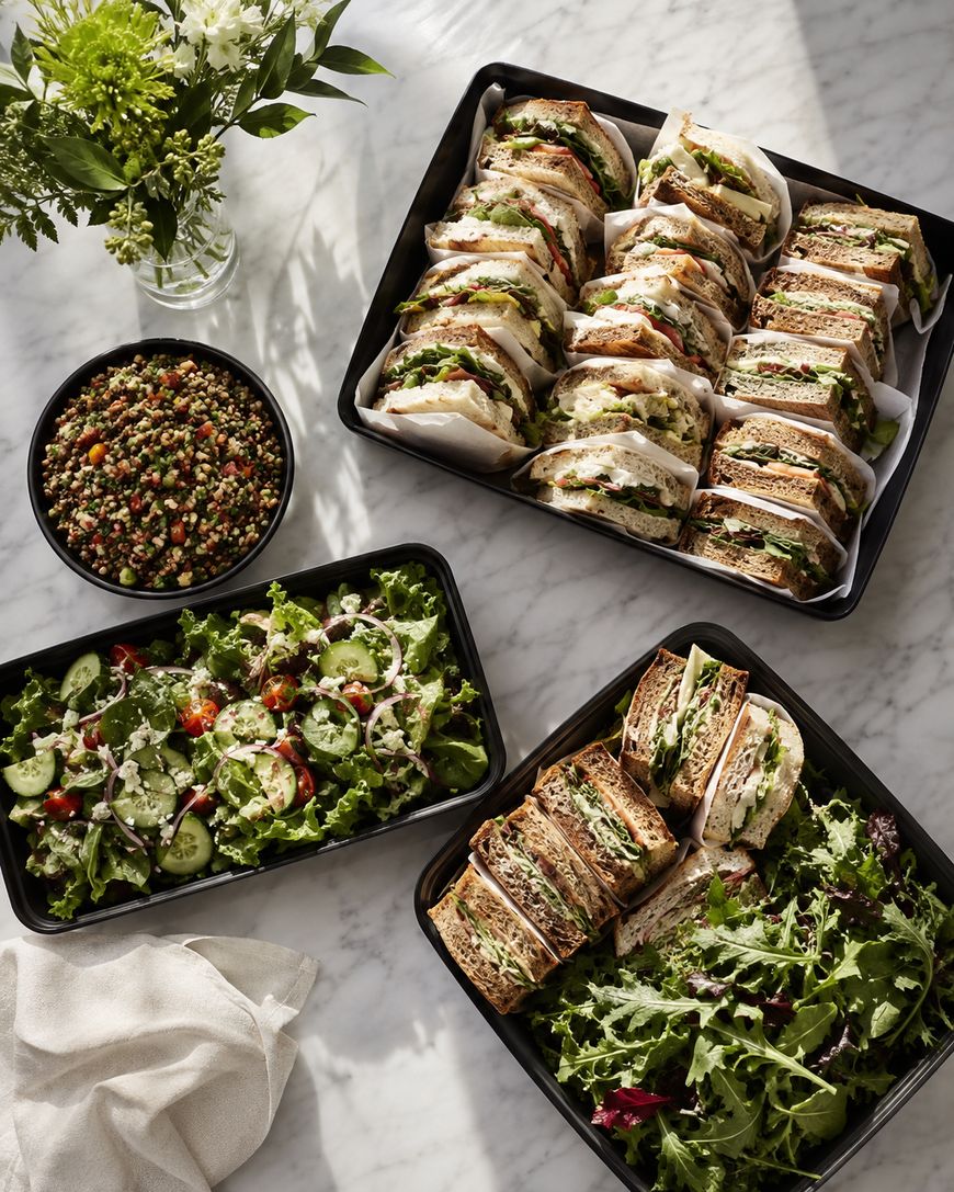 Trays of assorted sandwiches and fresh green salads with a bowl of grain salad on a marble table, next to a vase of white flowers and a folded serviette.