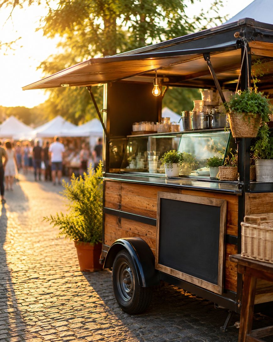 A rustic wooden food cart with potted plants sits on a cobbled street at sunset, with people and white marquees in the blurred background, evoking a lively outdoor market atmosphere.