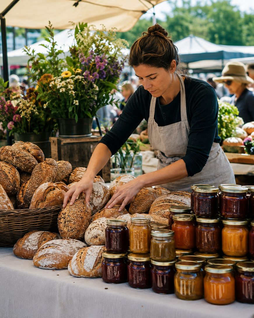 A woman in an apron arranges loaves of bread on a market stall table, with jars of preserves and flowers displayed. Other shoppers and stalls are visible in the background.