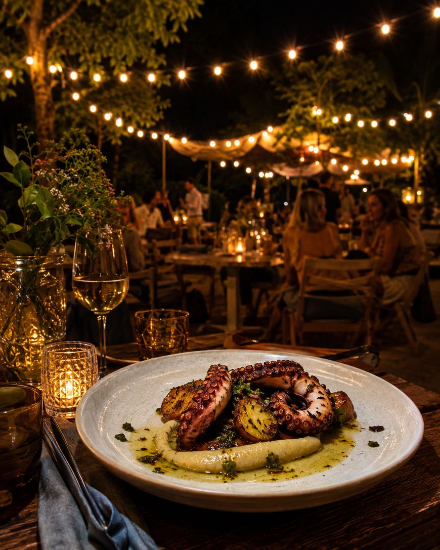 A close-up of grilled octopus and potatoes on a white plate at an outdoor restaurant, with fairy lights and people dining in the warm evening ambience.