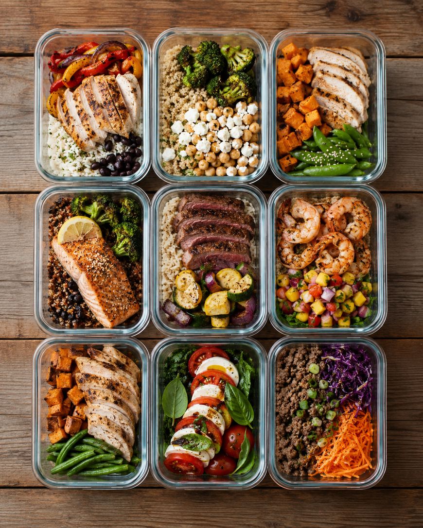 Nine glass containers filled with assorted healthy meals, including chicken, beef, salmon, prawns, vegetables, quinoa, rice, beans, chickpeas, and fresh salad, arranged on a wooden surface.