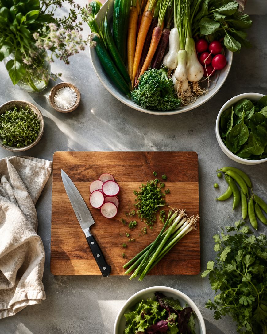 A wooden chopping board with chopped spring onions, sliced radishes, and a knife. Surrounding bowls hold fresh vegetables such as carrots, radishes, leafy greens, and herbs on a grey worktop.